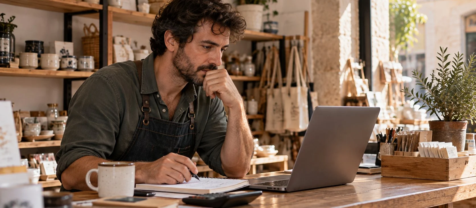 Autónomo revisando su web en el portátil desde el mostrador de su tienda