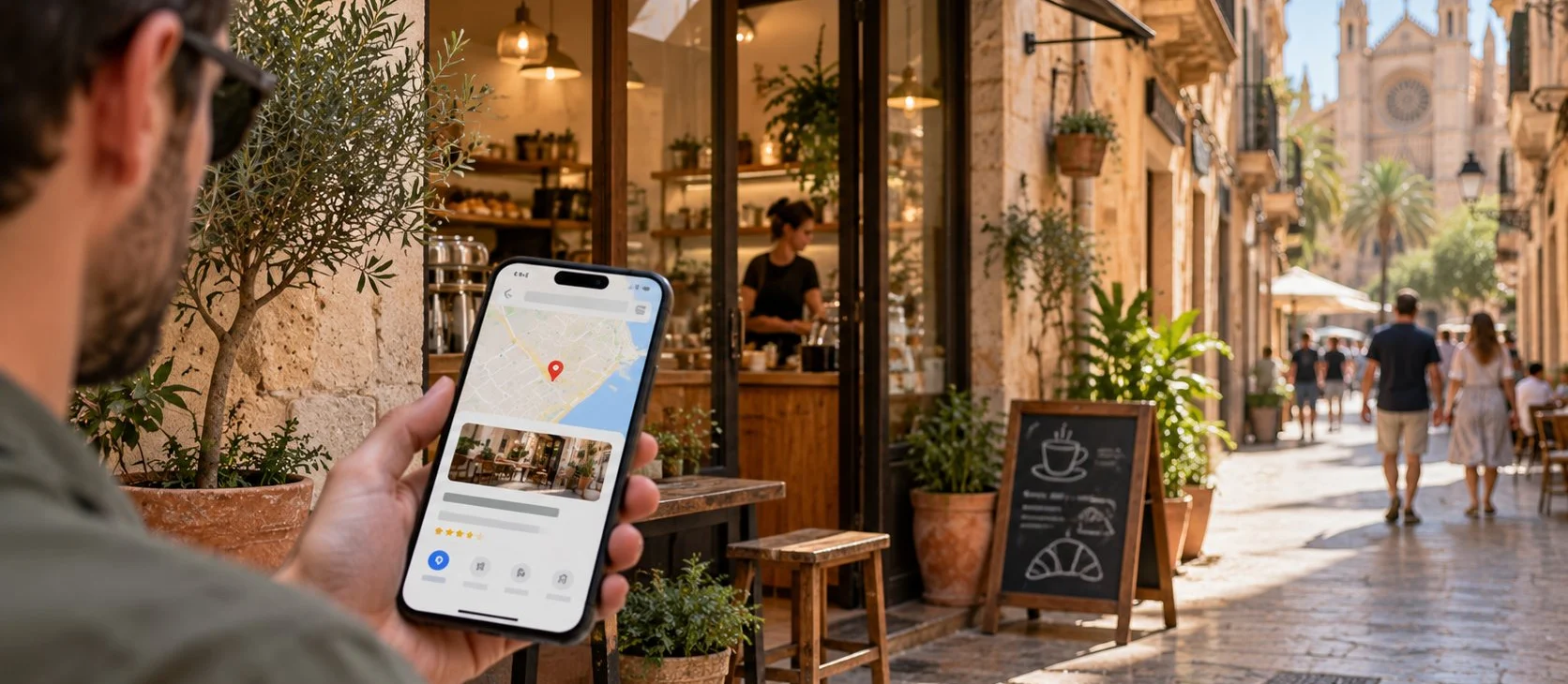 Persona usando Google Maps en el móvil frente a una cafetería del centro de Palma