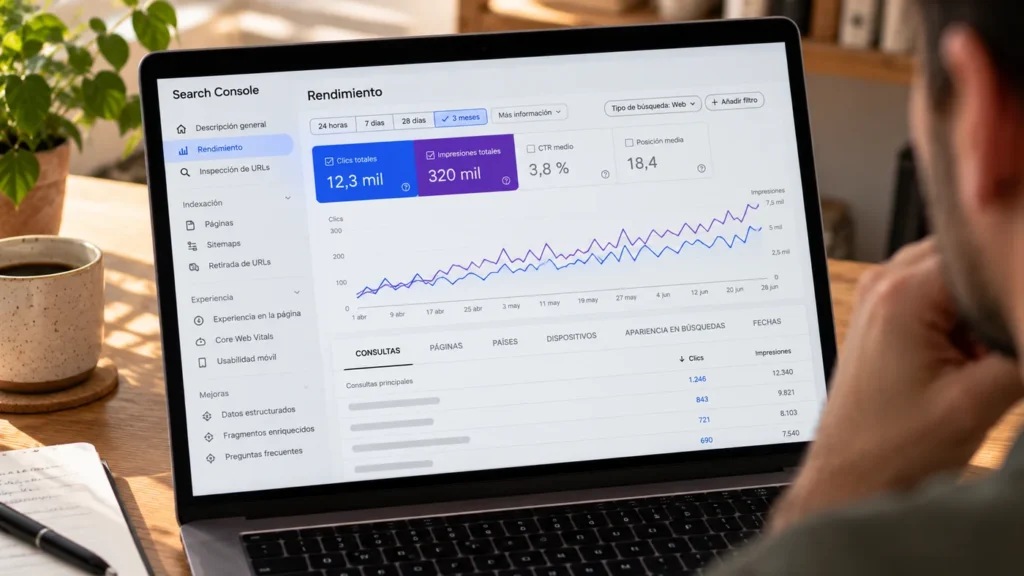 Informe de Rendimiento de Google Search Console con clics e impresiones en aumento