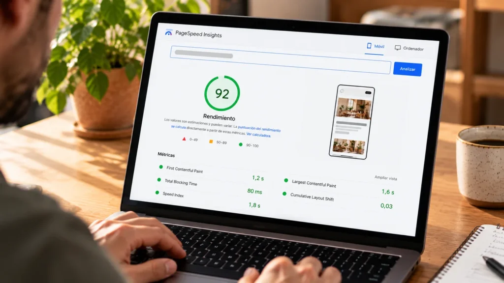 Resultado de PageSpeed Insights con una puntuación de rendimiento de 92 en móvil