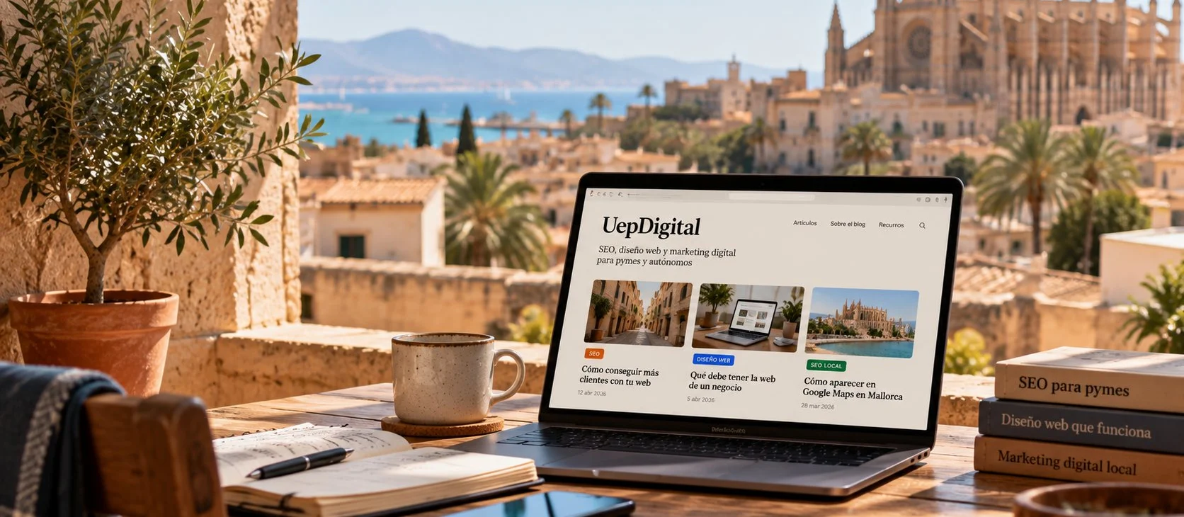 Portátil con el blog UepDigital en una terraza con vistas a la catedral de Palma