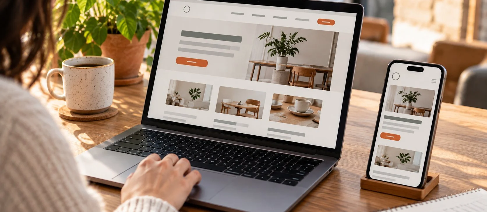 Web de un negocio abierta en un portátil y en un móvil sobre una mesa de trabajo